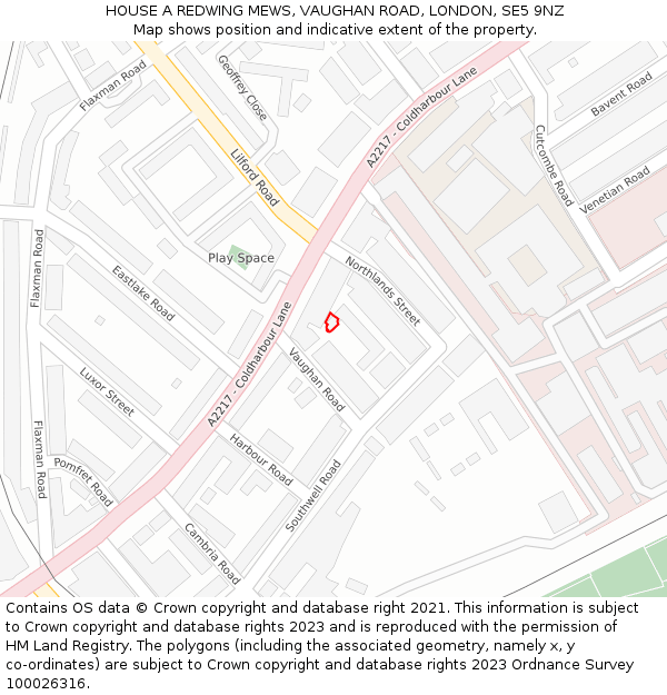 HOUSE A REDWING MEWS, VAUGHAN ROAD, LONDON, SE5 9NZ: Location map and indicative extent of plot