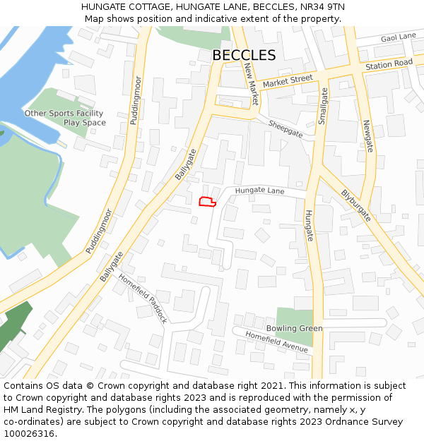 HUNGATE COTTAGE, HUNGATE LANE, BECCLES, NR34 9TN: Location map and indicative extent of plot