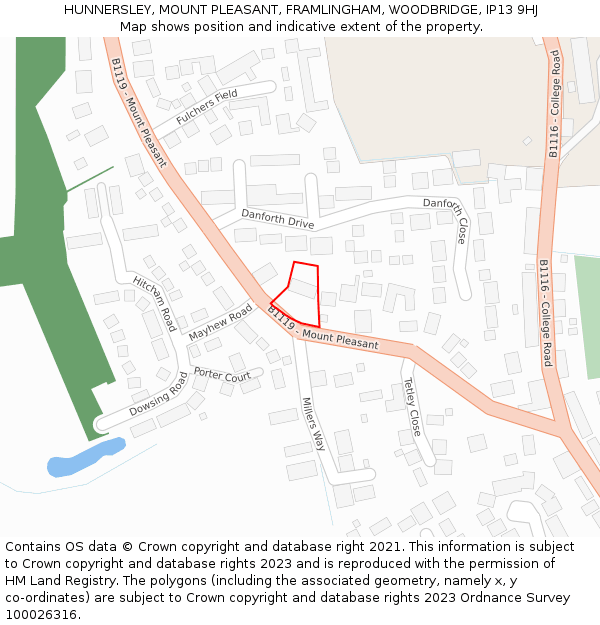 HUNNERSLEY, MOUNT PLEASANT, FRAMLINGHAM, WOODBRIDGE, IP13 9HJ: Location map and indicative extent of plot