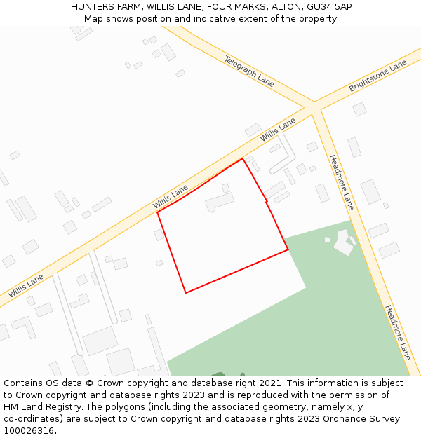 HUNTERS FARM, WILLIS LANE, FOUR MARKS, ALTON, GU34 5AP: Location map and indicative extent of plot