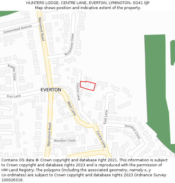 HUNTERS LODGE, CENTRE LANE, EVERTON, LYMINGTON, SO41 0JP: Location map and indicative extent of plot