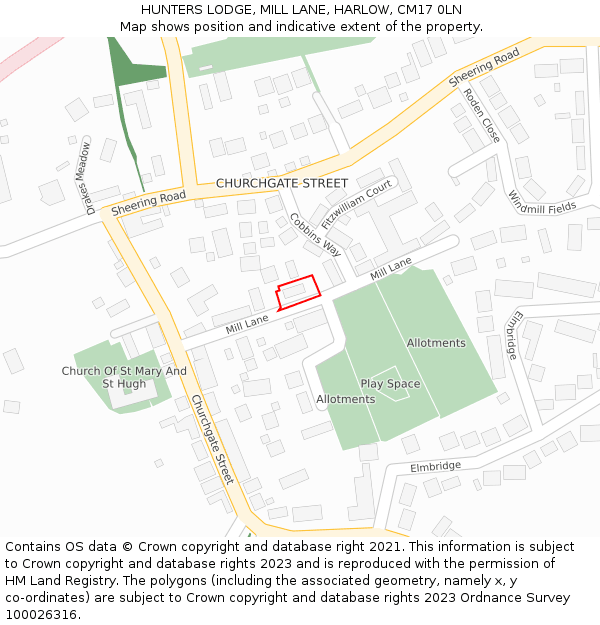 HUNTERS LODGE, MILL LANE, HARLOW, CM17 0LN: Location map and indicative extent of plot