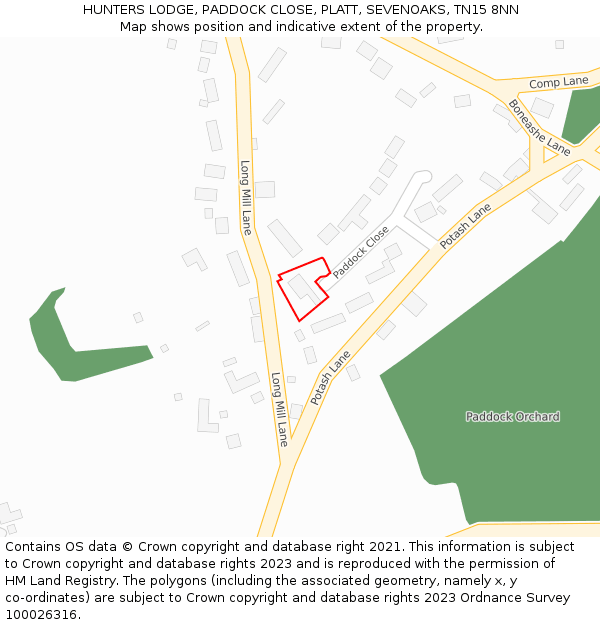 HUNTERS LODGE, PADDOCK CLOSE, PLATT, SEVENOAKS, TN15 8NN: Location map and indicative extent of plot