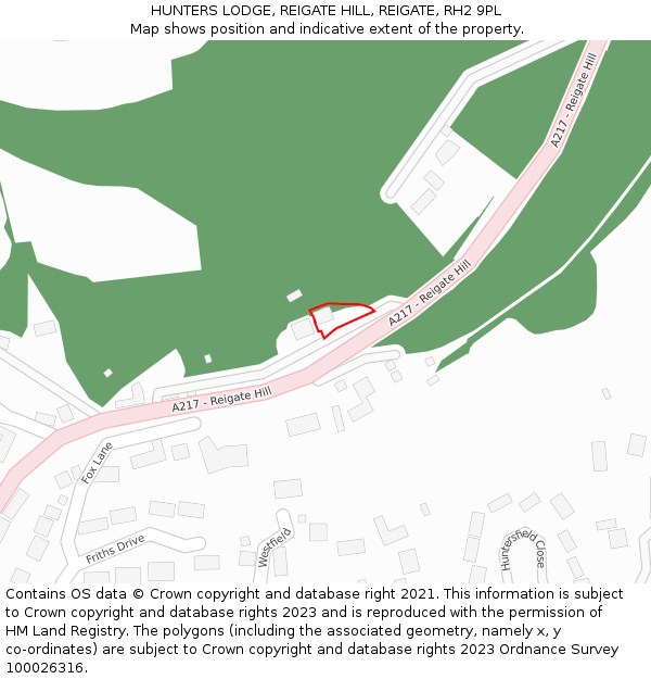 HUNTERS LODGE, REIGATE HILL, REIGATE, RH2 9PL: Location map and indicative extent of plot