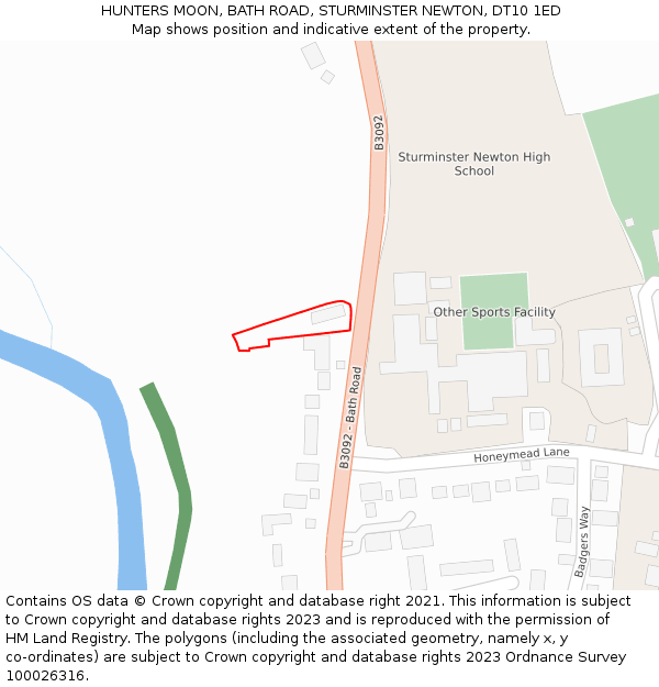 HUNTERS MOON, BATH ROAD, STURMINSTER NEWTON, DT10 1ED: Location map and indicative extent of plot