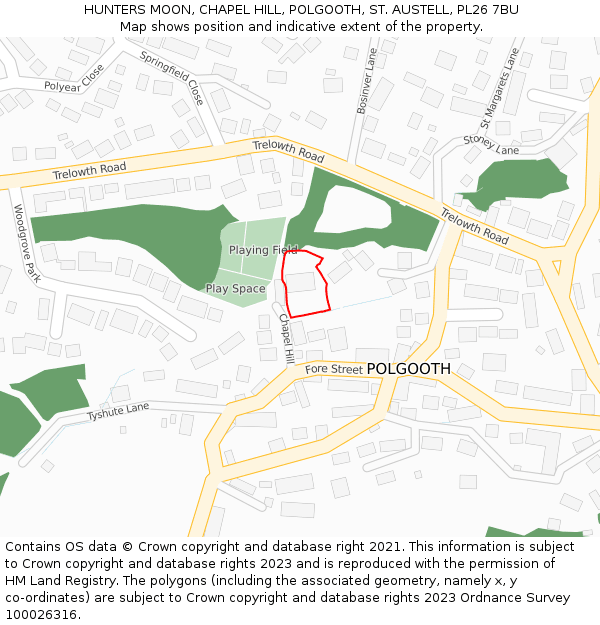 HUNTERS MOON, CHAPEL HILL, POLGOOTH, ST. AUSTELL, PL26 7BU: Location map and indicative extent of plot