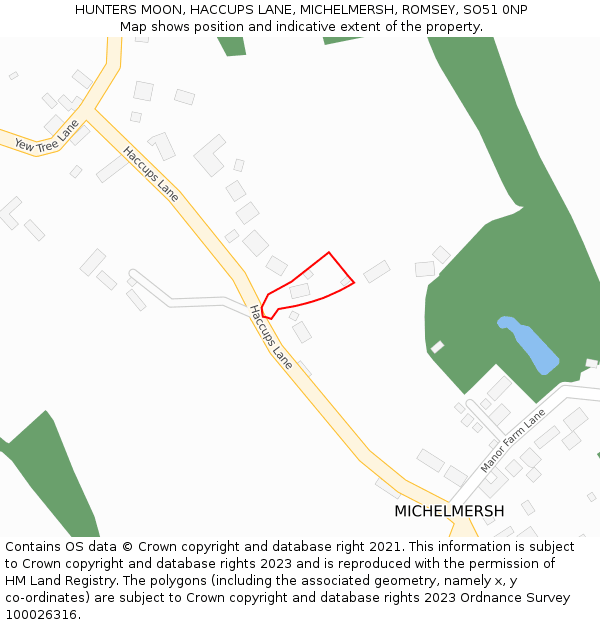 HUNTERS MOON, HACCUPS LANE, MICHELMERSH, ROMSEY, SO51 0NP: Location map and indicative extent of plot