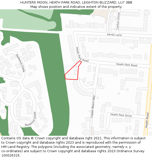 HUNTERS MOON, HEATH PARK ROAD, LEIGHTON BUZZARD, LU7 3BB: Location map and indicative extent of plot