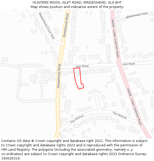 HUNTERS MOON, ISLET ROAD, MAIDENHEAD, SL6 8HT: Location map and indicative extent of plot