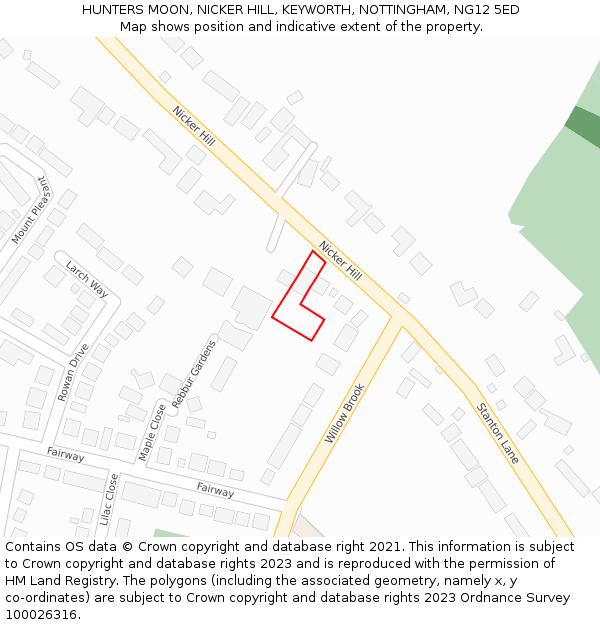 HUNTERS MOON, NICKER HILL, KEYWORTH, NOTTINGHAM, NG12 5ED: Location map and indicative extent of plot