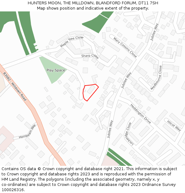 HUNTERS MOON, THE MILLDOWN, BLANDFORD FORUM, DT11 7SH: Location map and indicative extent of plot