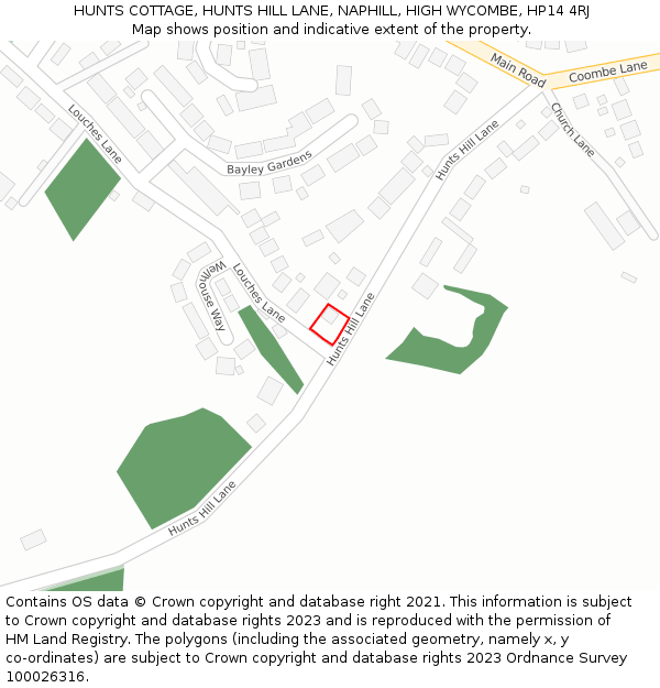 HUNTS COTTAGE, HUNTS HILL LANE, NAPHILL, HIGH WYCOMBE, HP14 4RJ: Location map and indicative extent of plot