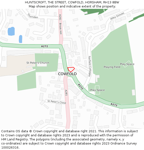 HUNTSCROFT, THE STREET, COWFOLD, HORSHAM, RH13 8BW: Location map and indicative extent of plot