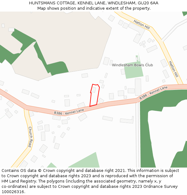 HUNTSMANS COTTAGE, KENNEL LANE, WINDLESHAM, GU20 6AA: Location map and indicative extent of plot