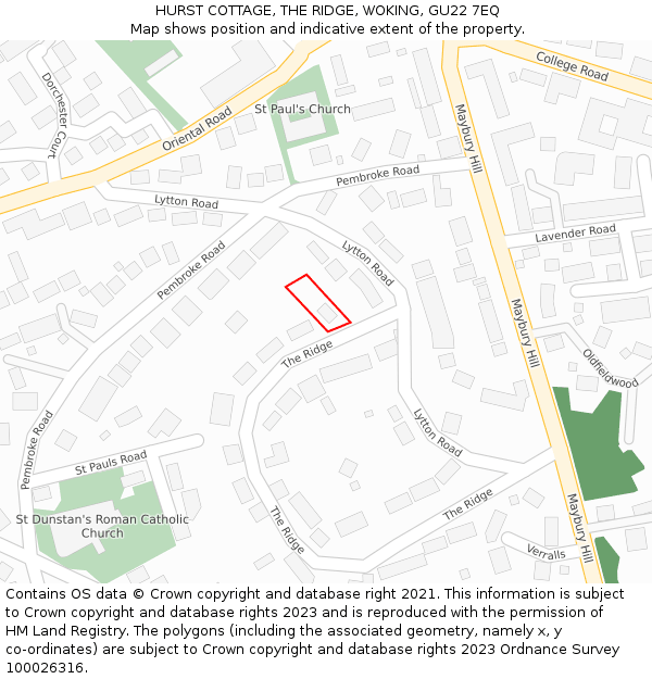 HURST COTTAGE, THE RIDGE, WOKING, GU22 7EQ: Location map and indicative extent of plot