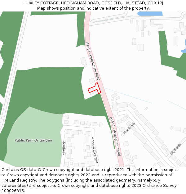 HUXLEY COTTAGE, HEDINGHAM ROAD, GOSFIELD, HALSTEAD, CO9 1PJ: Location map and indicative extent of plot