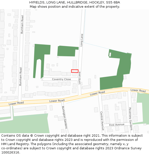HYFIELDS, LONG LANE, HULLBRIDGE, HOCKLEY, SS5 6BA: Location map and indicative extent of plot