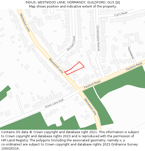 INDUS, WESTWOOD LANE, NORMANDY, GUILDFORD, GU3 2JQ: Location map and indicative extent of plot