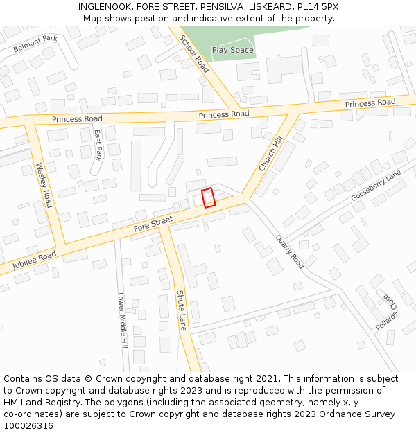 INGLENOOK, FORE STREET, PENSILVA, LISKEARD, PL14 5PX: Location map and indicative extent of plot