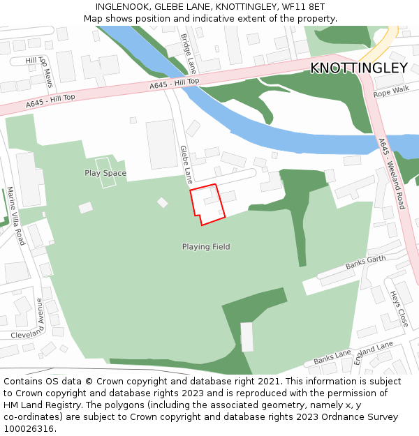 INGLENOOK, GLEBE LANE, KNOTTINGLEY, WF11 8ET: Location map and indicative extent of plot