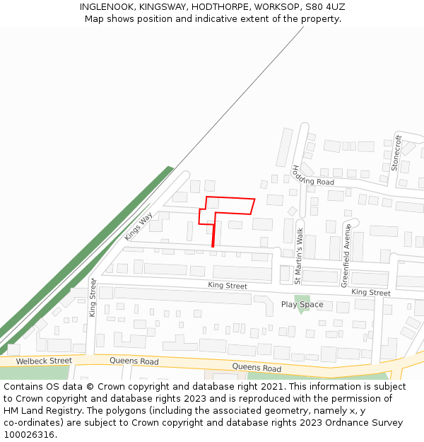 INGLENOOK, KINGSWAY, HODTHORPE, WORKSOP, S80 4UZ: Location map and indicative extent of plot