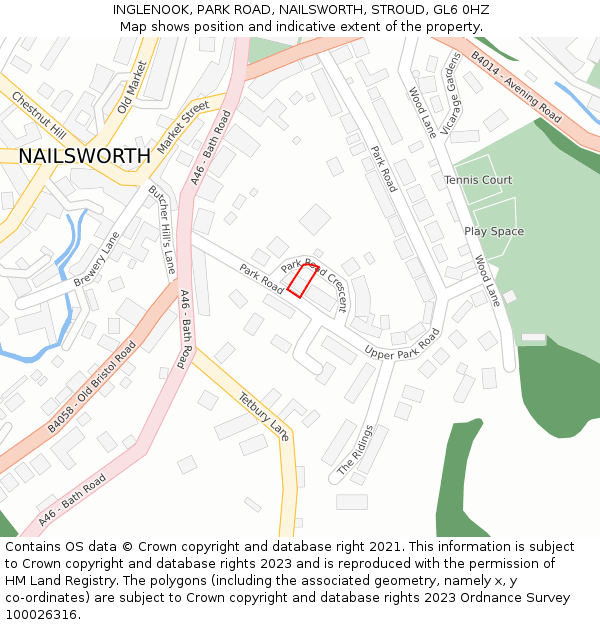 INGLENOOK, PARK ROAD, NAILSWORTH, STROUD, GL6 0HZ: Location map and indicative extent of plot