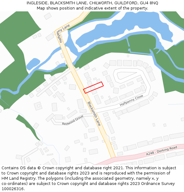 INGLESIDE, BLACKSMITH LANE, CHILWORTH, GUILDFORD, GU4 8NQ: Location map and indicative extent of plot