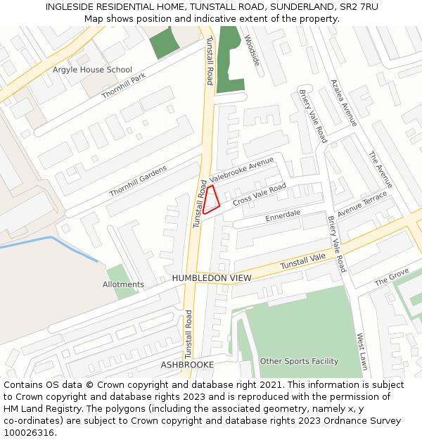 INGLESIDE RESIDENTIAL HOME, TUNSTALL ROAD, SUNDERLAND, SR2 7RU: Location map and indicative extent of plot