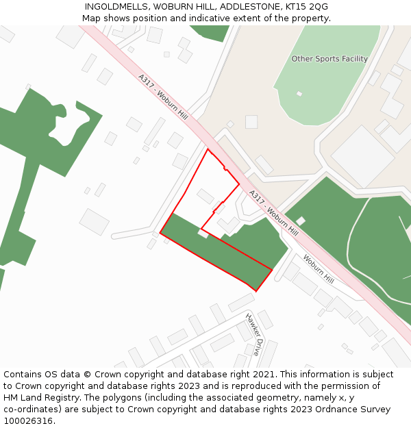 INGOLDMELLS, WOBURN HILL, ADDLESTONE, KT15 2QG: Location map and indicative extent of plot