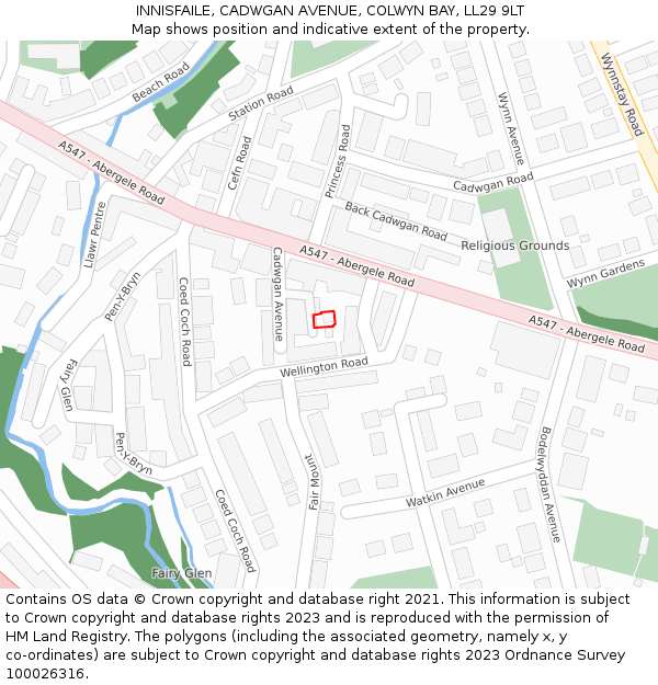 INNISFAILE, CADWGAN AVENUE, COLWYN BAY, LL29 9LT: Location map and indicative extent of plot