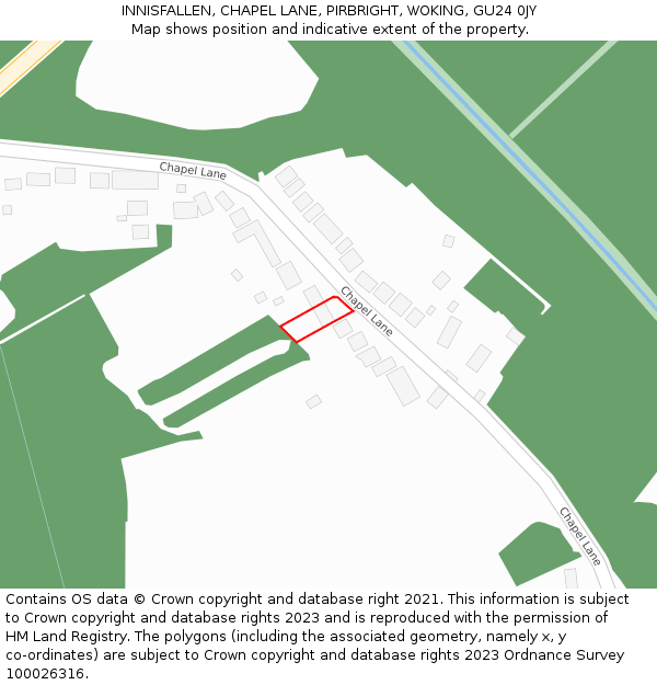 INNISFALLEN, CHAPEL LANE, PIRBRIGHT, WOKING, GU24 0JY: Location map and indicative extent of plot