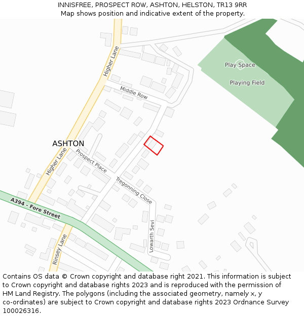 INNISFREE, PROSPECT ROW, ASHTON, HELSTON, TR13 9RR: Location map and indicative extent of plot