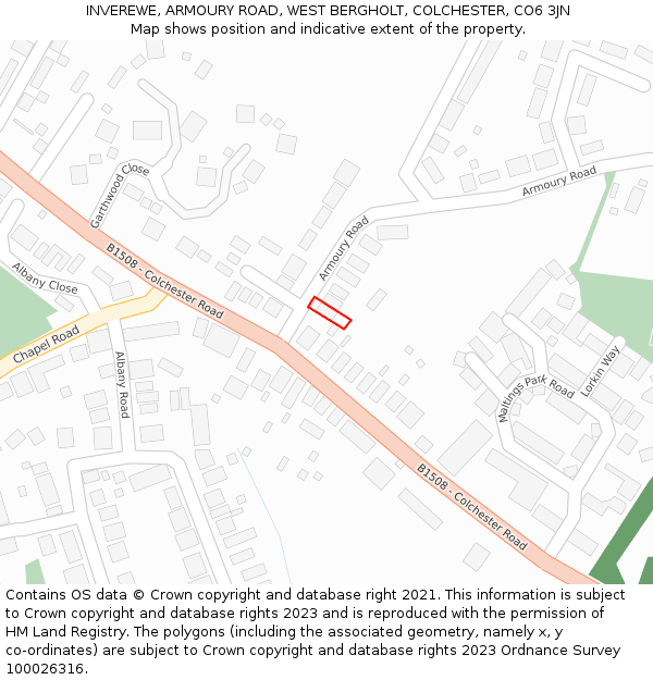 INVEREWE, ARMOURY ROAD, WEST BERGHOLT, COLCHESTER, CO6 3JN: Location map and indicative extent of plot