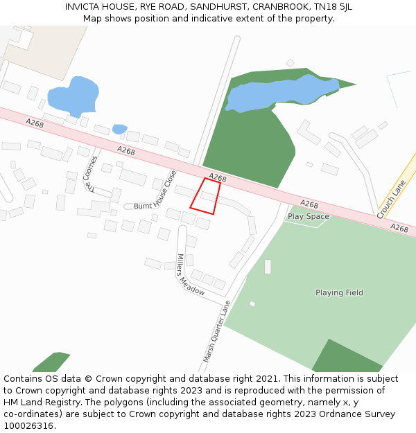 INVICTA HOUSE, RYE ROAD, SANDHURST, CRANBROOK, TN18 5JL: Location map and indicative extent of plot