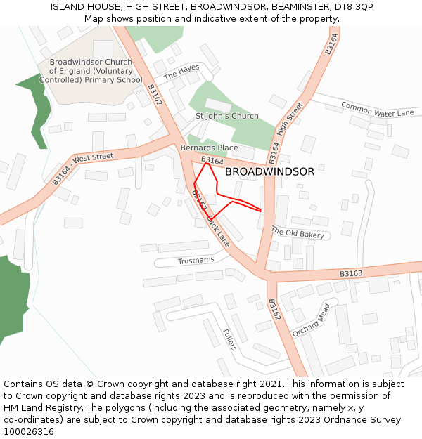 ISLAND HOUSE, HIGH STREET, BROADWINDSOR, BEAMINSTER, DT8 3QP: Location map and indicative extent of plot