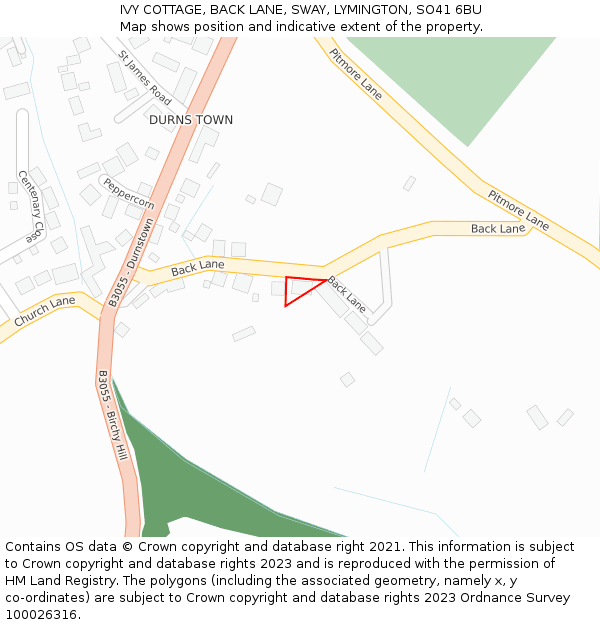 IVY COTTAGE, BACK LANE, SWAY, LYMINGTON, SO41 6BU: Location map and indicative extent of plot