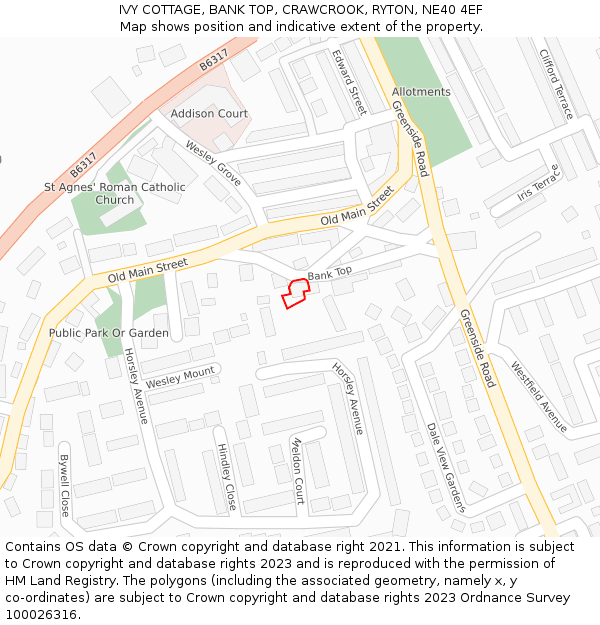 IVY COTTAGE, BANK TOP, CRAWCROOK, RYTON, NE40 4EF: Location map and indicative extent of plot