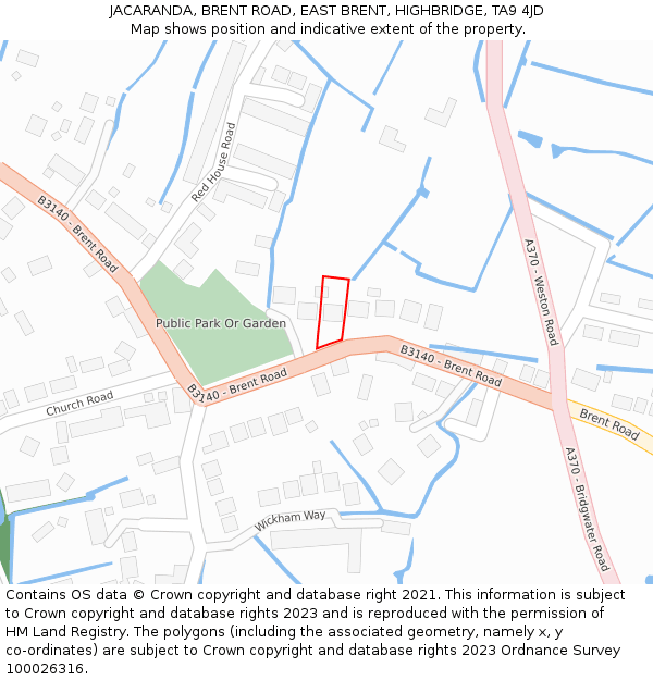 JACARANDA, BRENT ROAD, EAST BRENT, HIGHBRIDGE, TA9 4JD: Location map and indicative extent of plot