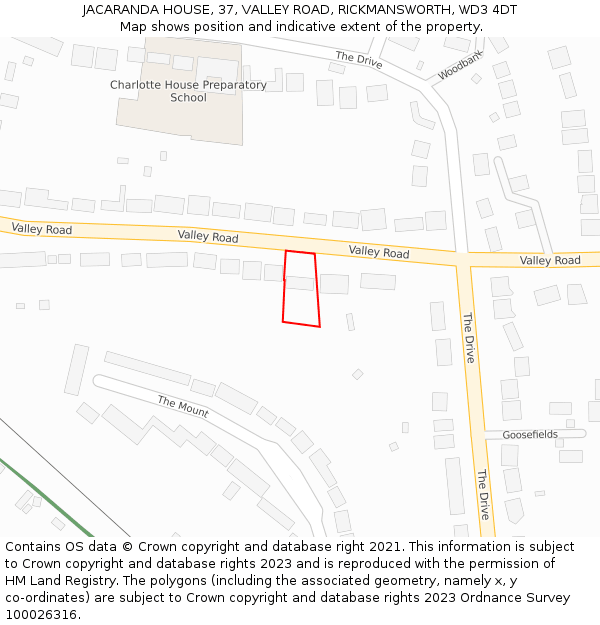 JACARANDA HOUSE, 37, VALLEY ROAD, RICKMANSWORTH, WD3 4DT: Location map and indicative extent of plot