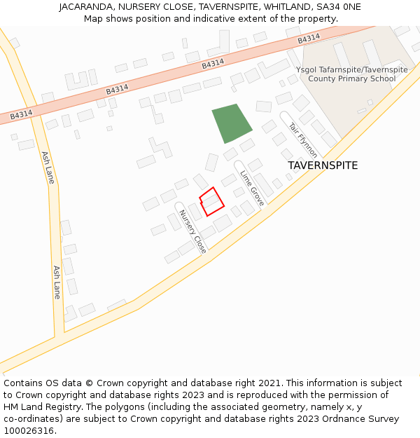 JACARANDA, NURSERY CLOSE, TAVERNSPITE, WHITLAND, SA34 0NE: Location map and indicative extent of plot