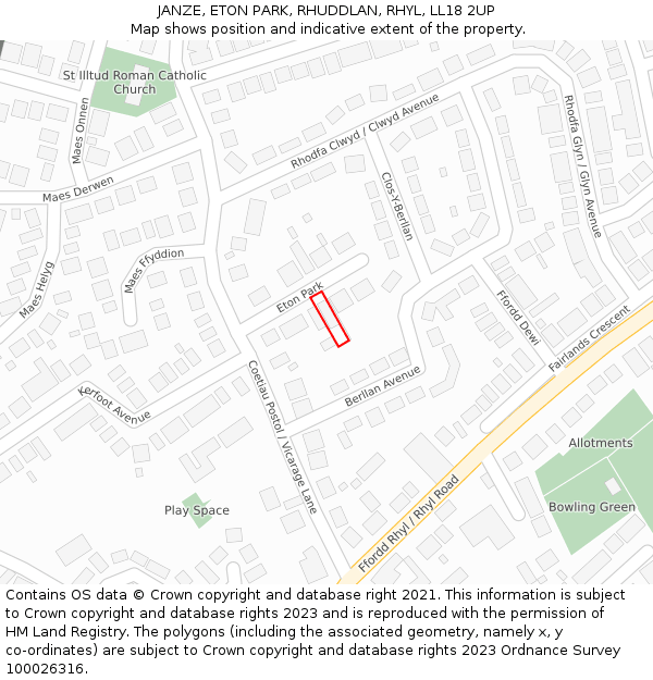 JANZE, ETON PARK, RHUDDLAN, RHYL, LL18 2UP: Location map and indicative extent of plot