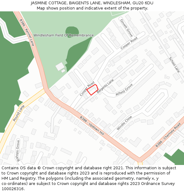 JASMINE COTTAGE, BAIGENTS LANE, WINDLESHAM, GU20 6DU: Location map and indicative extent of plot