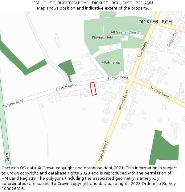 JEM HOUSE, BURSTON ROAD, DICKLEBURGH, DISS, IP21 4NN: Location map and indicative extent of plot