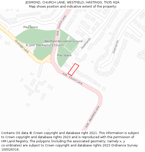 JESMOND, CHURCH LANE, WESTFIELD, HASTINGS, TN35 4QA: Location map and indicative extent of plot