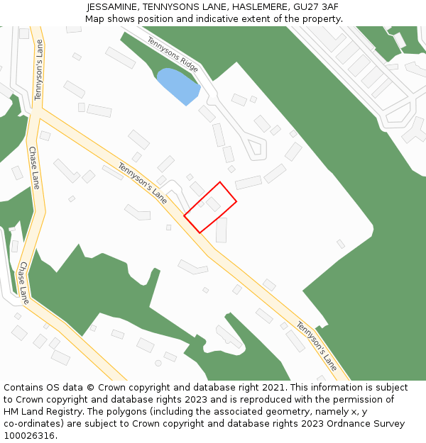 JESSAMINE, TENNYSONS LANE, HASLEMERE, GU27 3AF: Location map and indicative extent of plot
