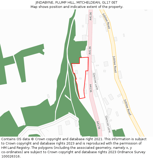 JINDABYNE, PLUMP HILL, MITCHELDEAN, GL17 0ET: Location map and indicative extent of plot