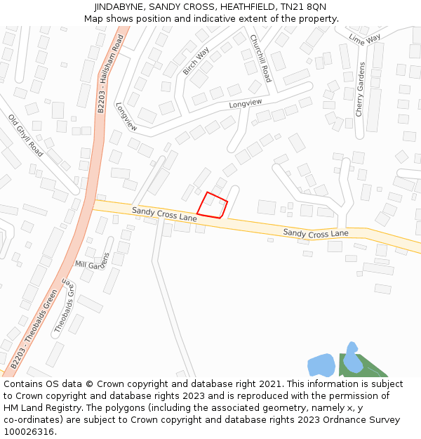 JINDABYNE, SANDY CROSS, HEATHFIELD, TN21 8QN: Location map and indicative extent of plot