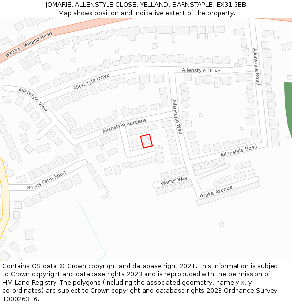 JOMARIE, ALLENSTYLE CLOSE, YELLAND, BARNSTAPLE, EX31 3EB: Location map and indicative extent of plot