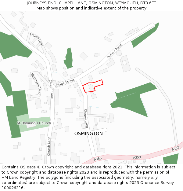 JOURNEYS END, CHAPEL LANE, OSMINGTON, WEYMOUTH, DT3 6ET: Location map and indicative extent of plot