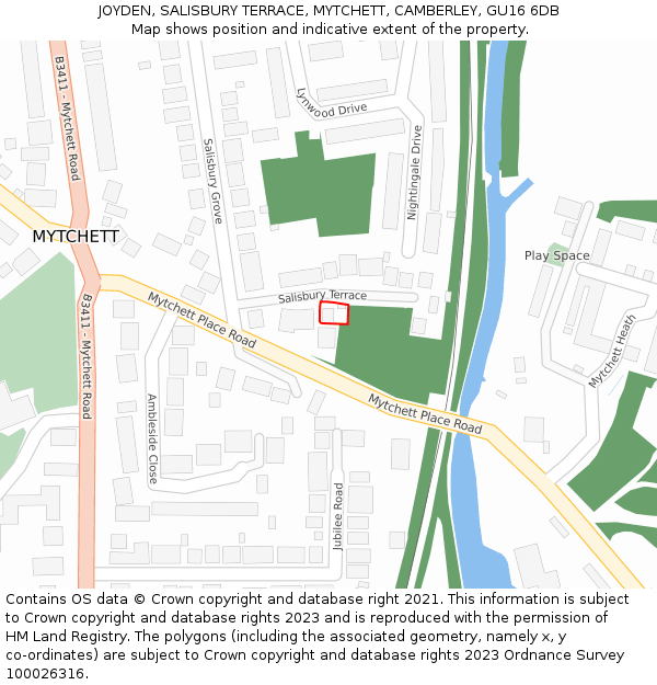 JOYDEN, SALISBURY TERRACE, MYTCHETT, CAMBERLEY, GU16 6DB: Location map and indicative extent of plot